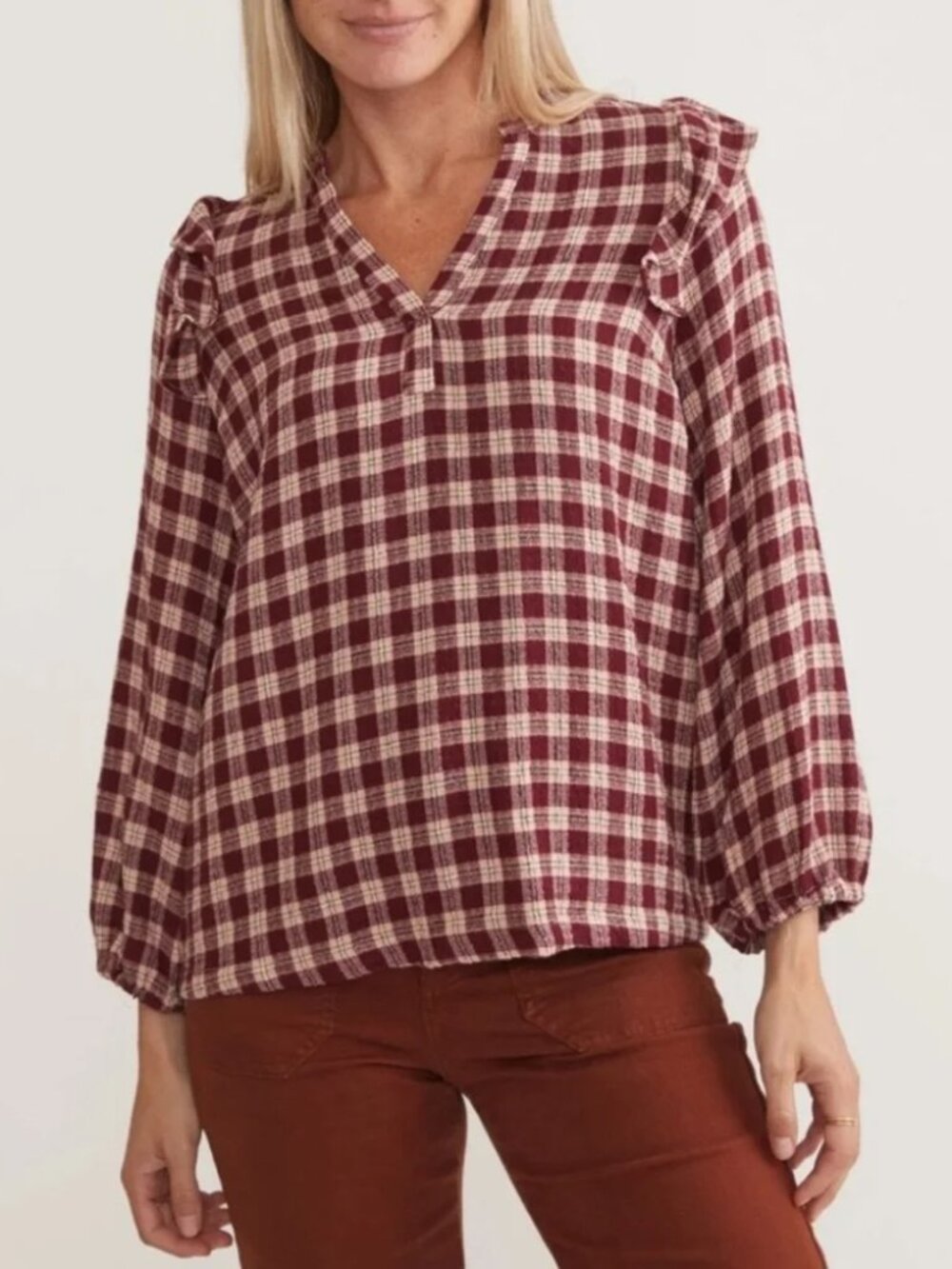Marine Layer Jamie Ruffle Sleeve Top in Pink/Burgundy Tartan Plaid M